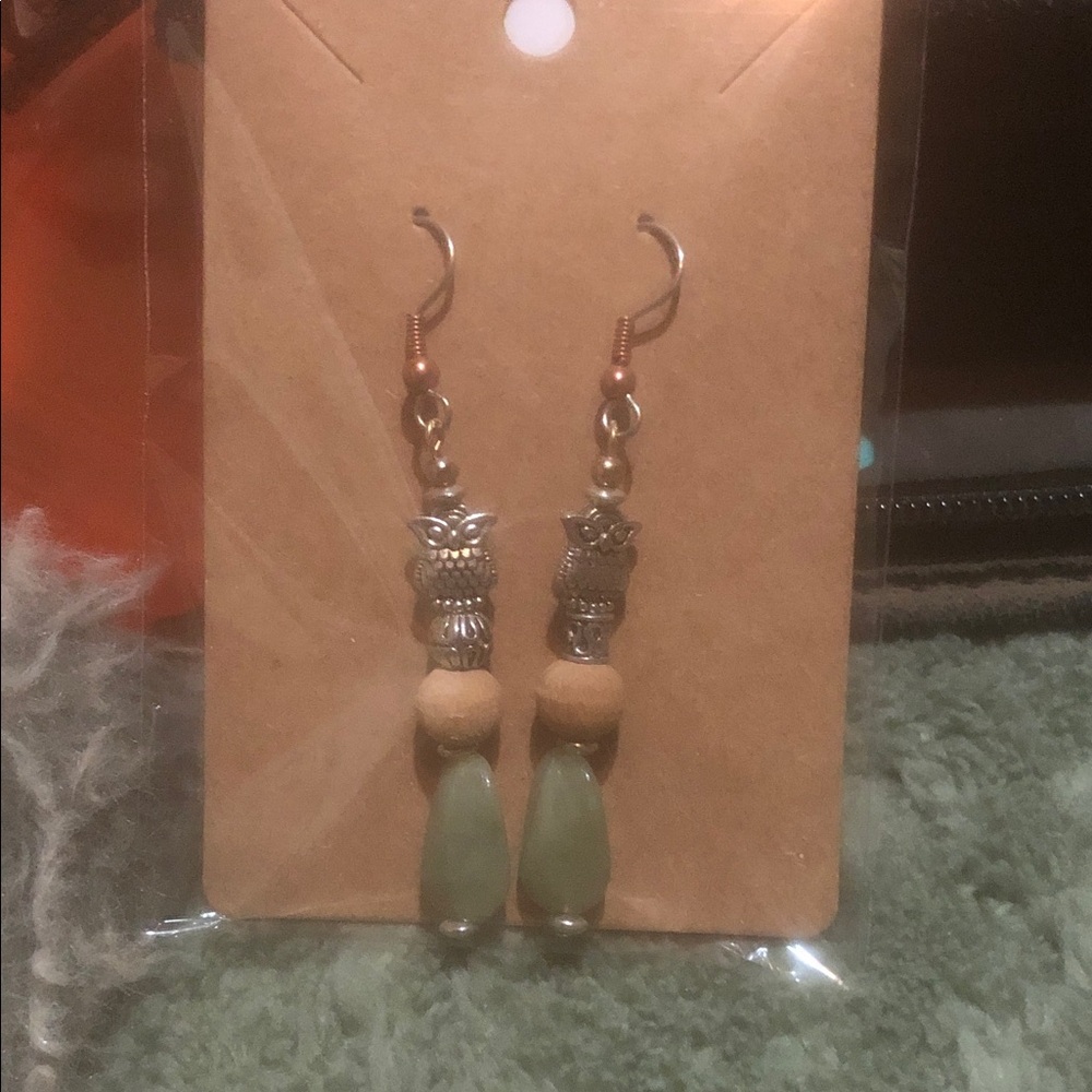 Green Bead Owl Drop Earrings with Wood Accents